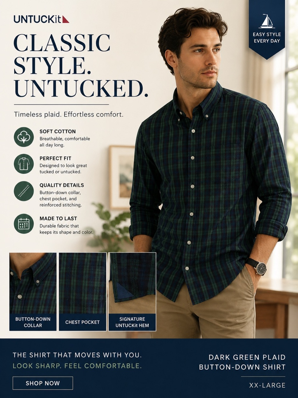 UNTUCKit Dark Green and Navy Plaid Button-Down Shirt